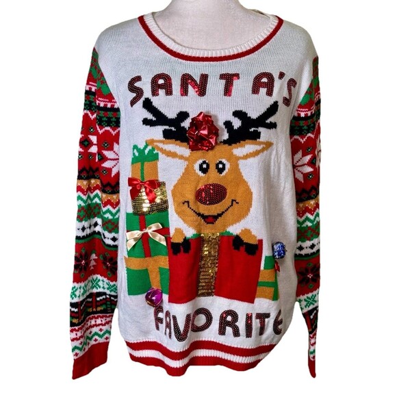 Women’s Ugly Christmas Sweater Santa’s Favorite Reindeer Presents Bows Size 2XL - Picture 1 of 8